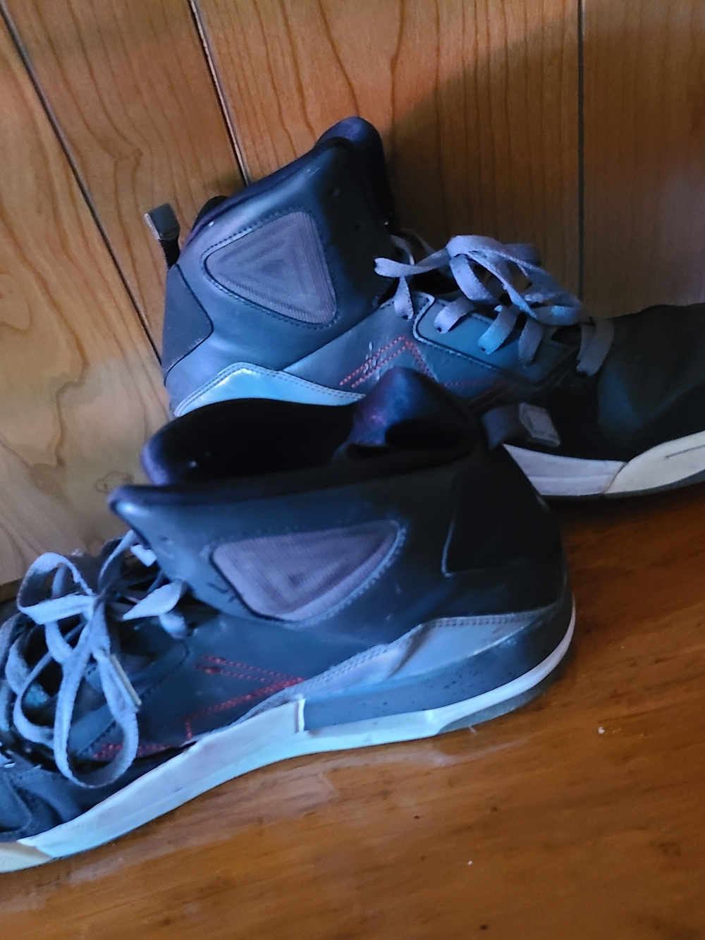 Jordan Men's Black and Gray Sneakers with Red Stitching